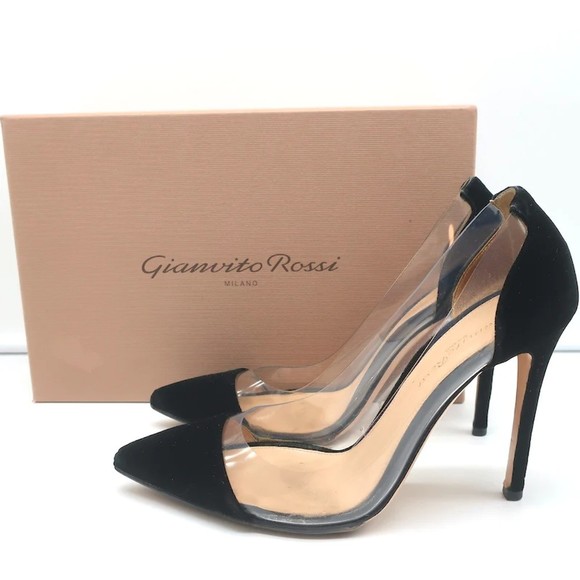 Gianvito Rossi Shoes - Gianvito Rossi Plexi Velvet and PVC Pumps Black Size 37.5 Pointed Toe Heels